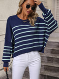 Ladies Striped Crew Neck Knit Sweater E2331 - SWEETKAMA