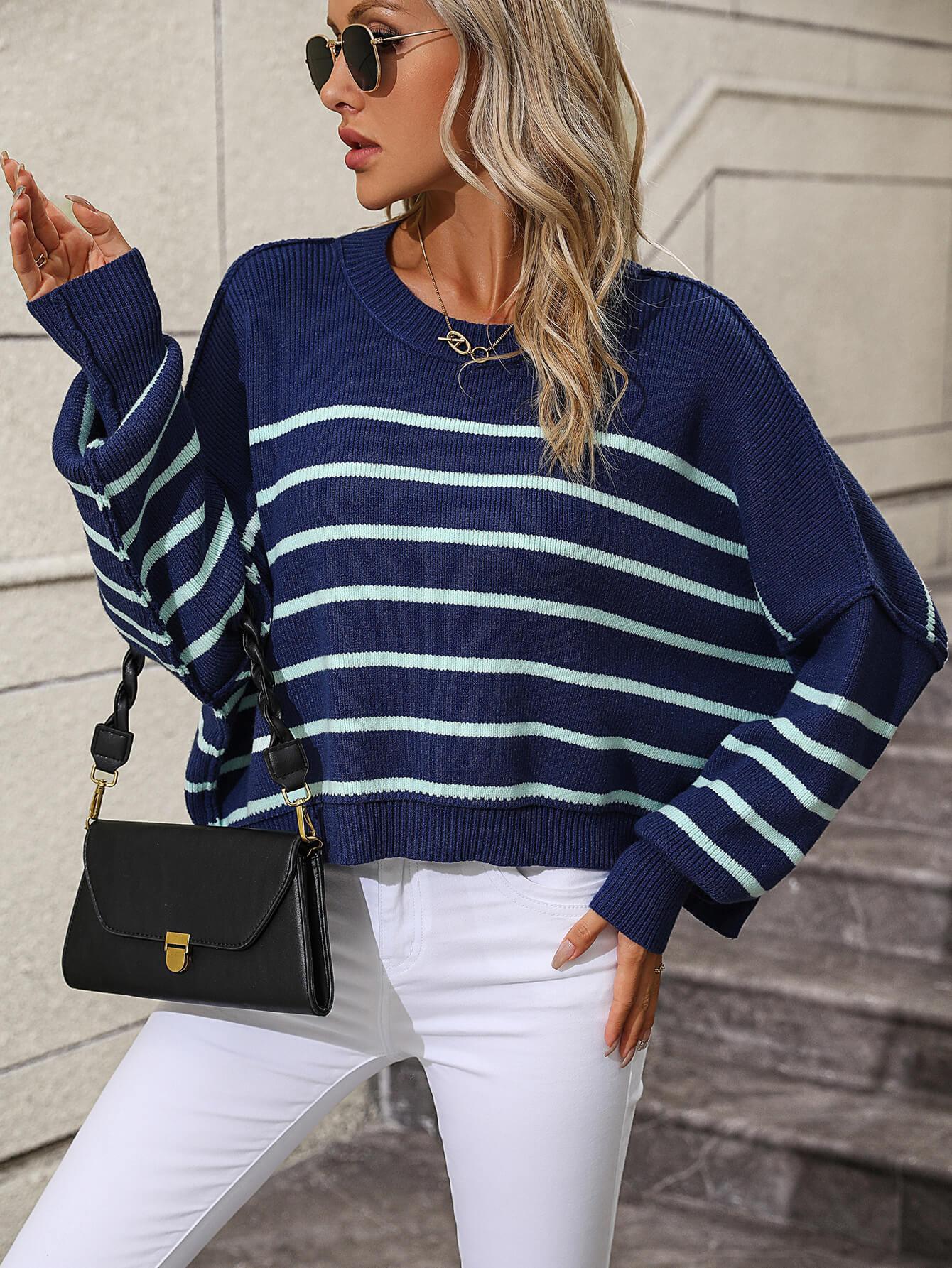 Ladies Striped Crew Neck Knit Sweater E2331 - SWEETKAMA