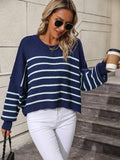 Ladies Striped Crew Neck Knit Sweater E2331 - SWEETKAMA