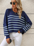 Ladies Striped Crew Neck Knit Sweater E2331 - SWEETKAMA