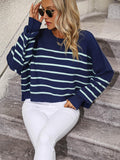 Ladies Striped Crew Neck Knit Sweater E2331 - SWEETKAMA