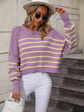 Ladies Striped Crew Neck Knit Sweater E2331 - SWEETKAMA