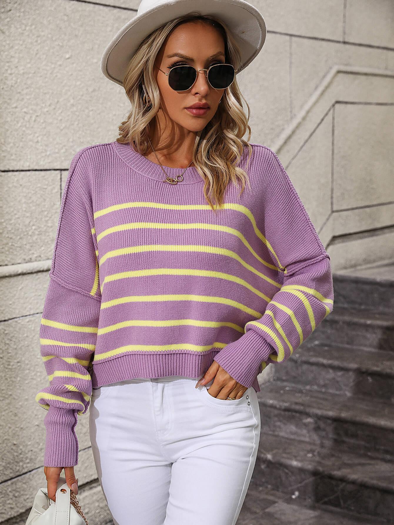 Ladies Striped Crew Neck Knit Sweater E2331 - SWEETKAMA