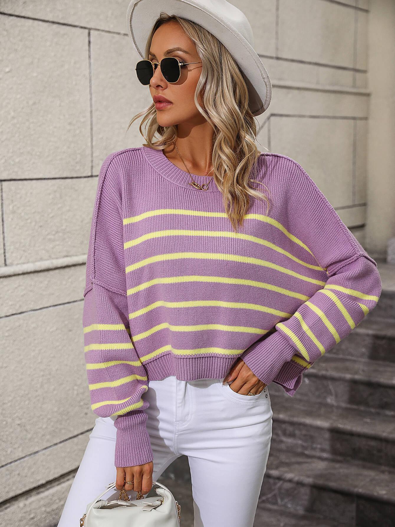 Ladies Striped Crew Neck Knit Sweater E2331 - SWEETKAMA