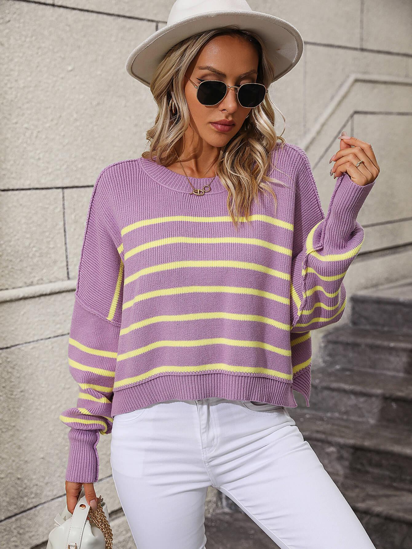 Ladies Striped Crew Neck Knit Sweater E2331 - SWEETKAMA