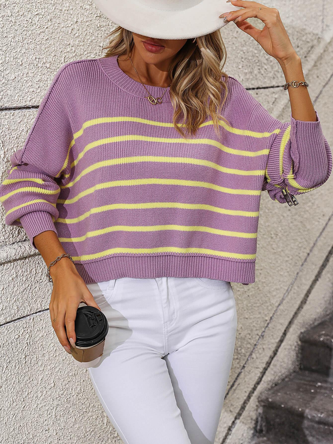 Ladies Striped Crew Neck Knit Sweater E2331 - SWEETKAMA