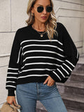 Ladies Striped Crew Neck Knit Sweater E2331 - SWEETKAMA