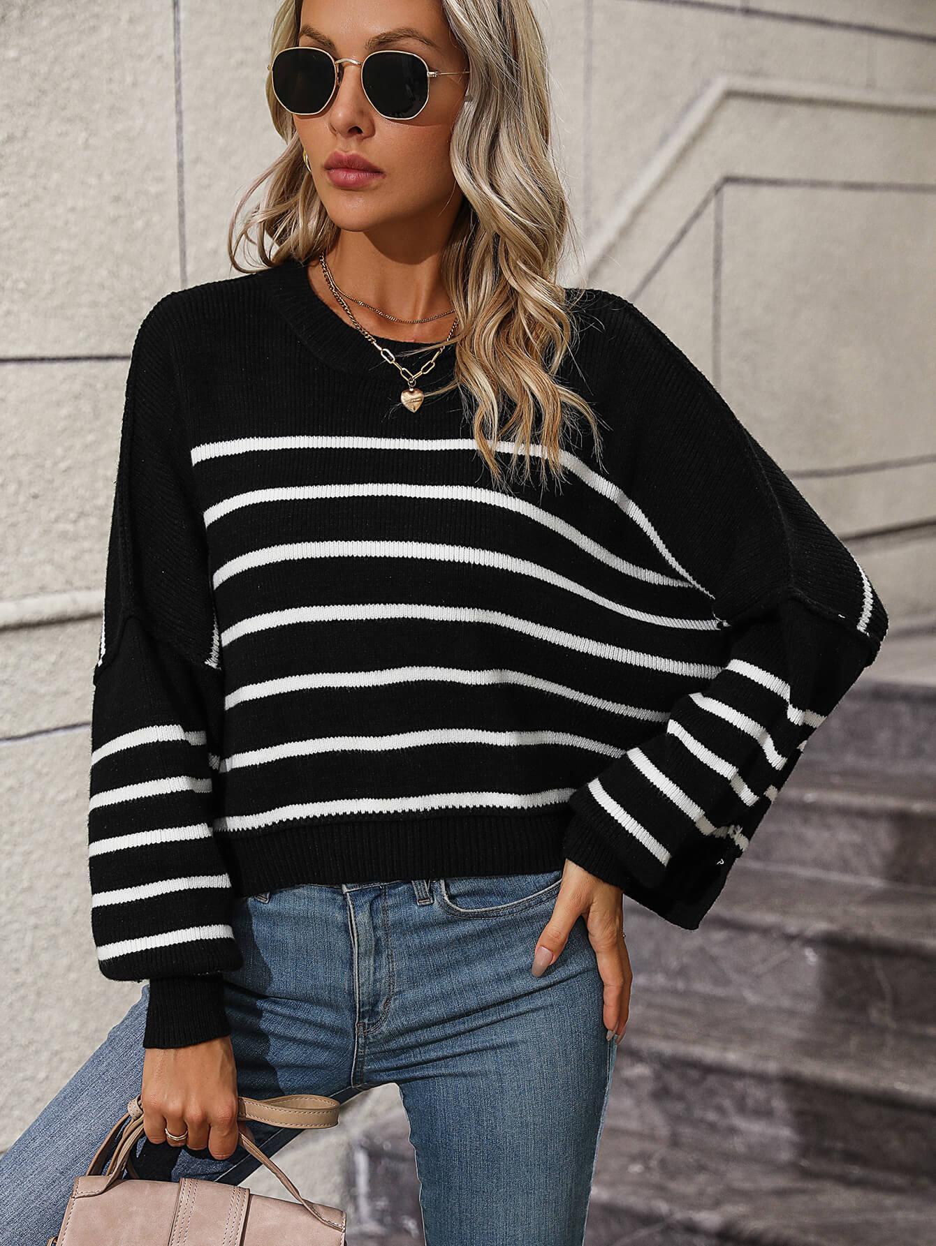 Ladies Striped Crew Neck Knit Sweater E2331 - SWEETKAMA