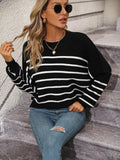 Ladies Striped Crew Neck Knit Sweater E2331 - SWEETKAMA