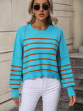 Ladies Striped Crew Neck Knit Sweater E2331 - SWEETKAMA