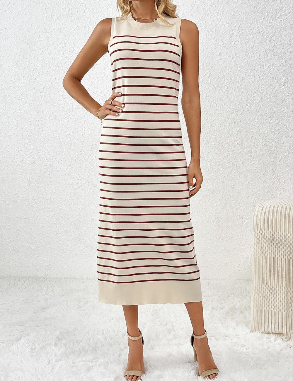 Ladies Striped Crew Neck Sleeveless Sweater Dress E2356 - SWEETKAMA