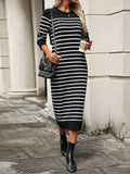 Ladies Striped Crew Neck Sweater Midi Dress E2368 - SWEETKAMA