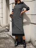 Ladies Striped Crew Neck Sweater Midi Dress E2368 - SWEETKAMA