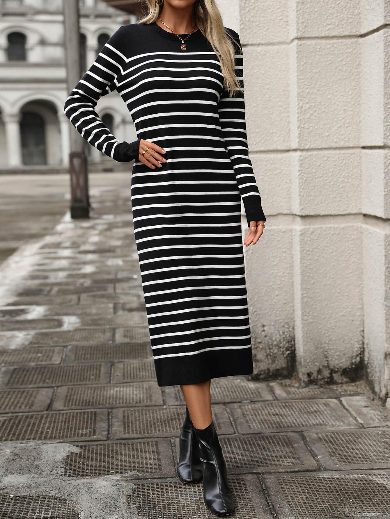 Ladies Striped Crew Neck Sweater Midi Dress E2368 - SWEETKAMA