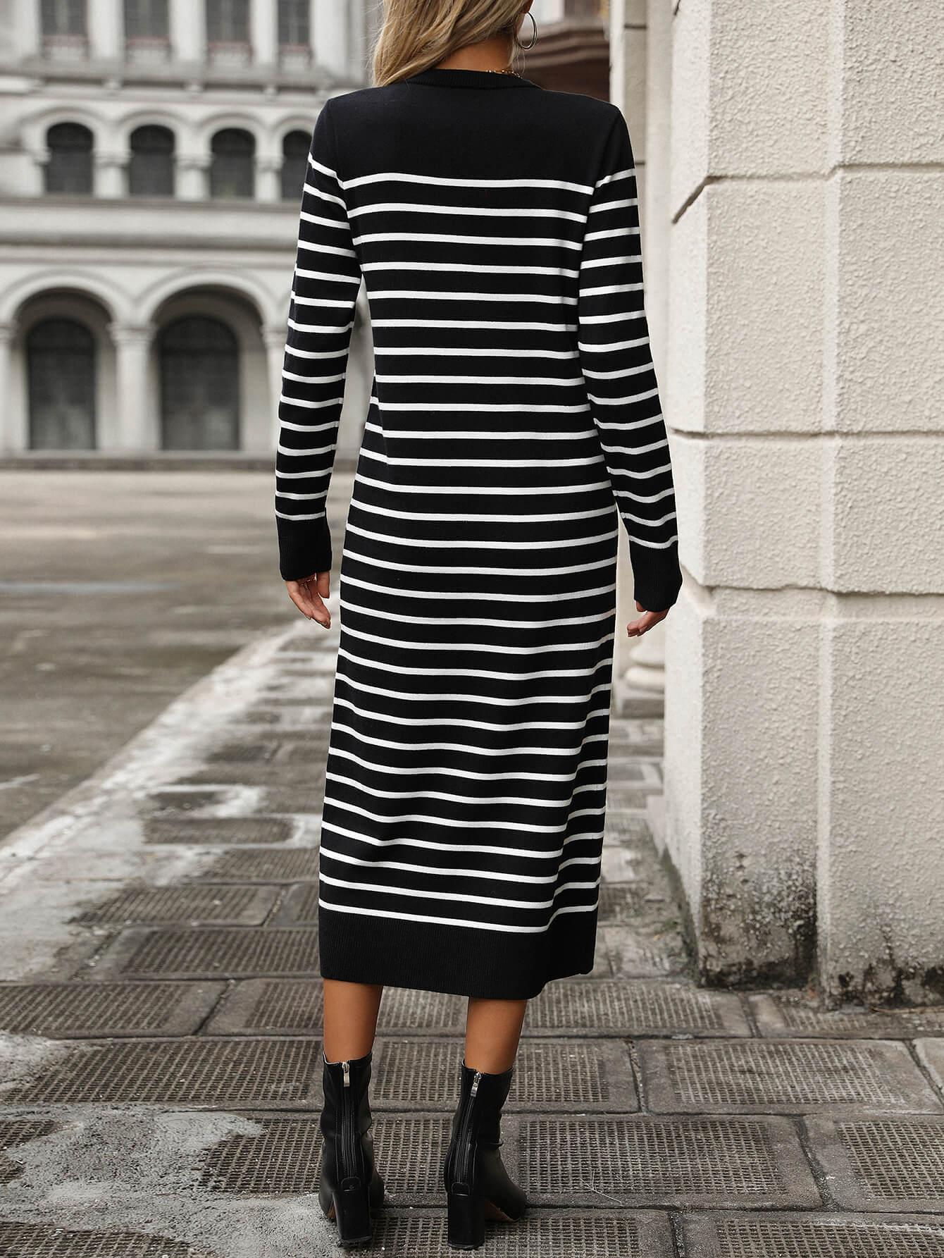 Ladies Striped Crew Neck Sweater Midi Dress E2368 - SWEETKAMA