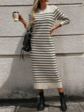 Ladies Striped Crew Neck Sweater Midi Dress E2368 - SWEETKAMA