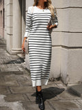 Ladies Striped Crew Neck Sweater Midi Dress E2368 - SWEETKAMA