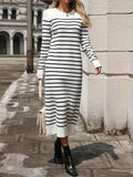 Ladies Striped Crew Neck Sweater Midi Dress E2368 - SWEETKAMA