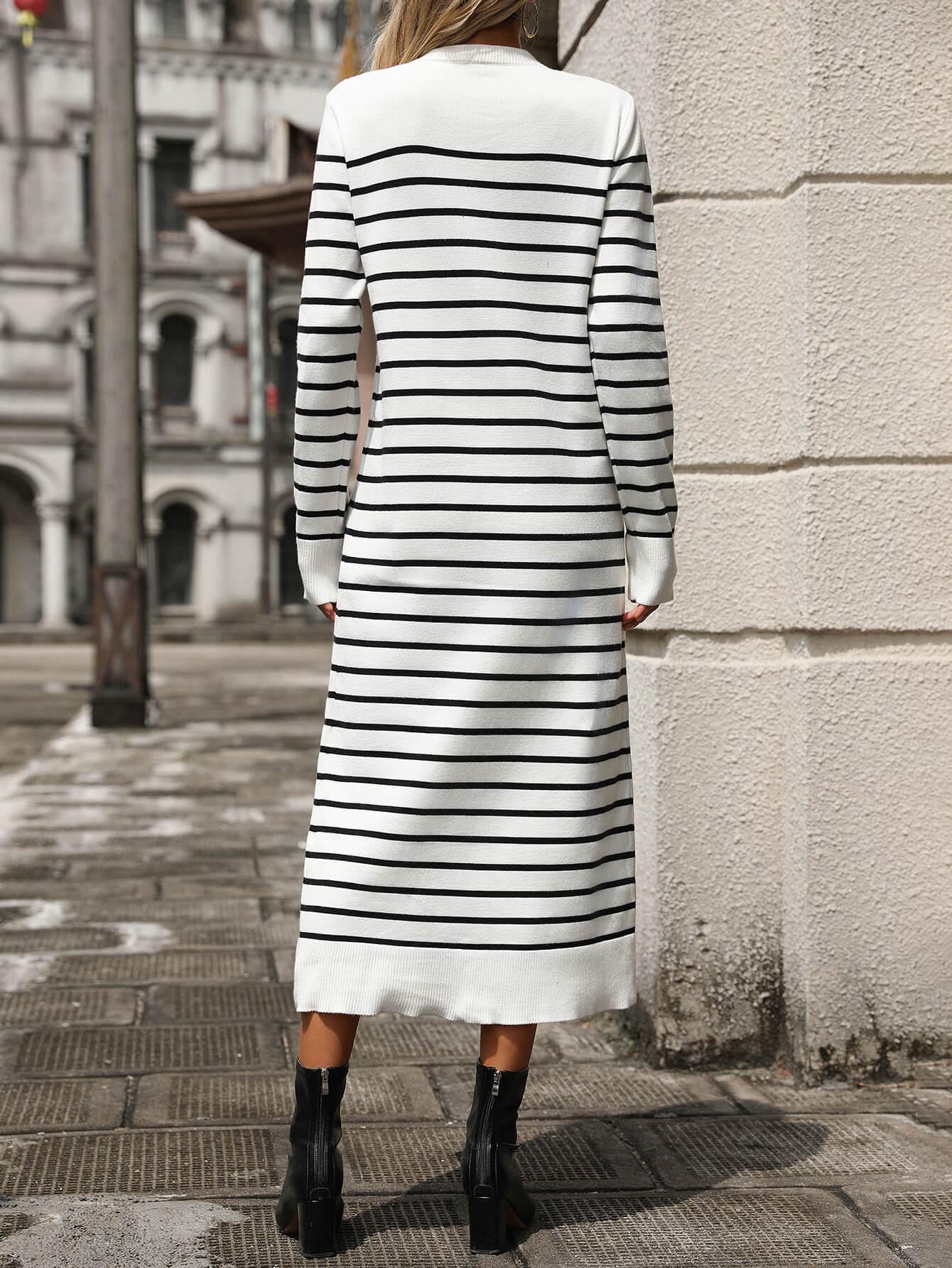 Ladies Striped Crew Neck Sweater Midi Dress E2368 - SWEETKAMA