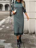 Ladies Striped Crew Neck Sweater Midi Dress E2368 - SWEETKAMA