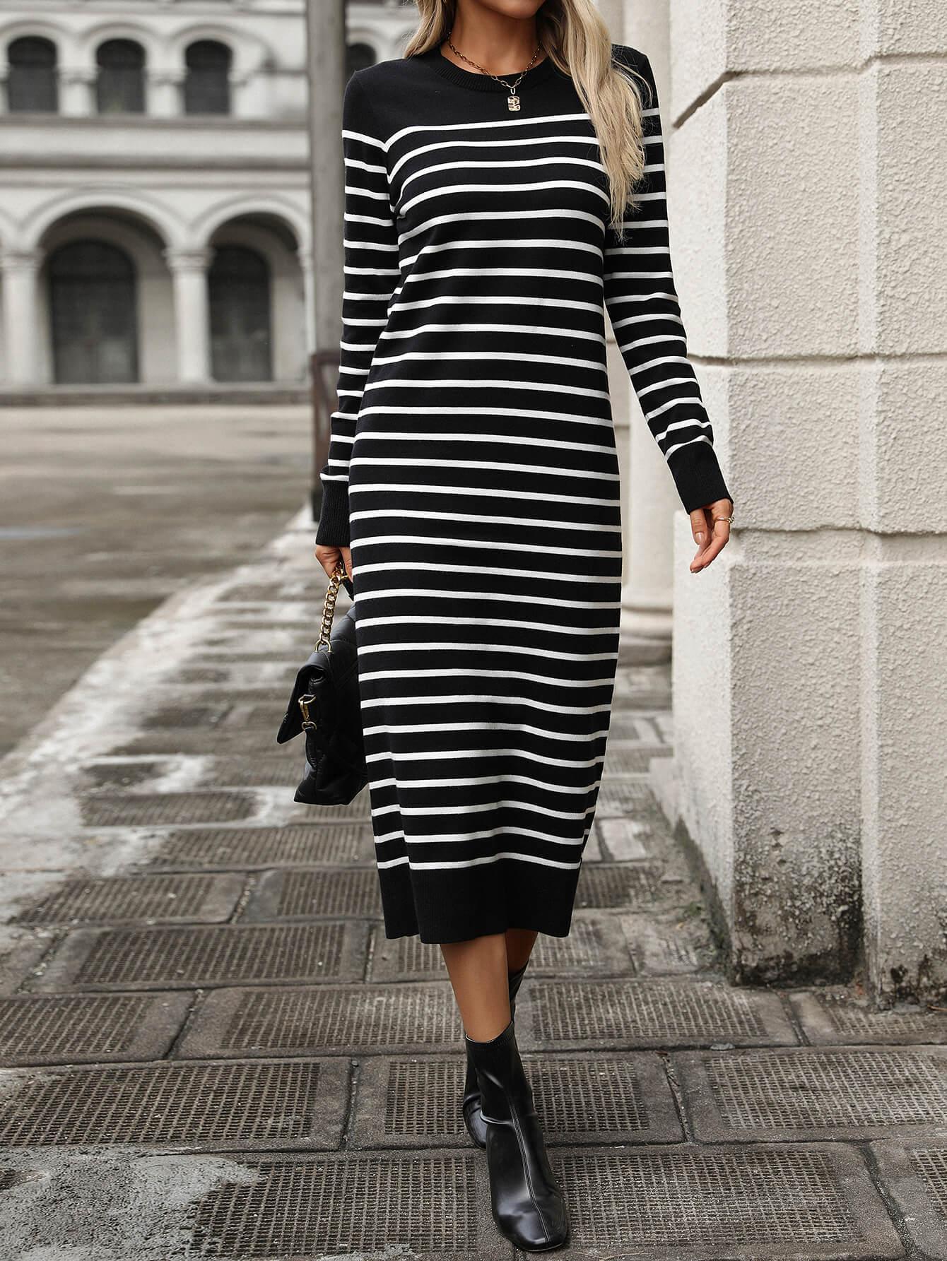 Ladies Striped Crew Neck Sweater Midi Dress E2368 - SWEETKAMA