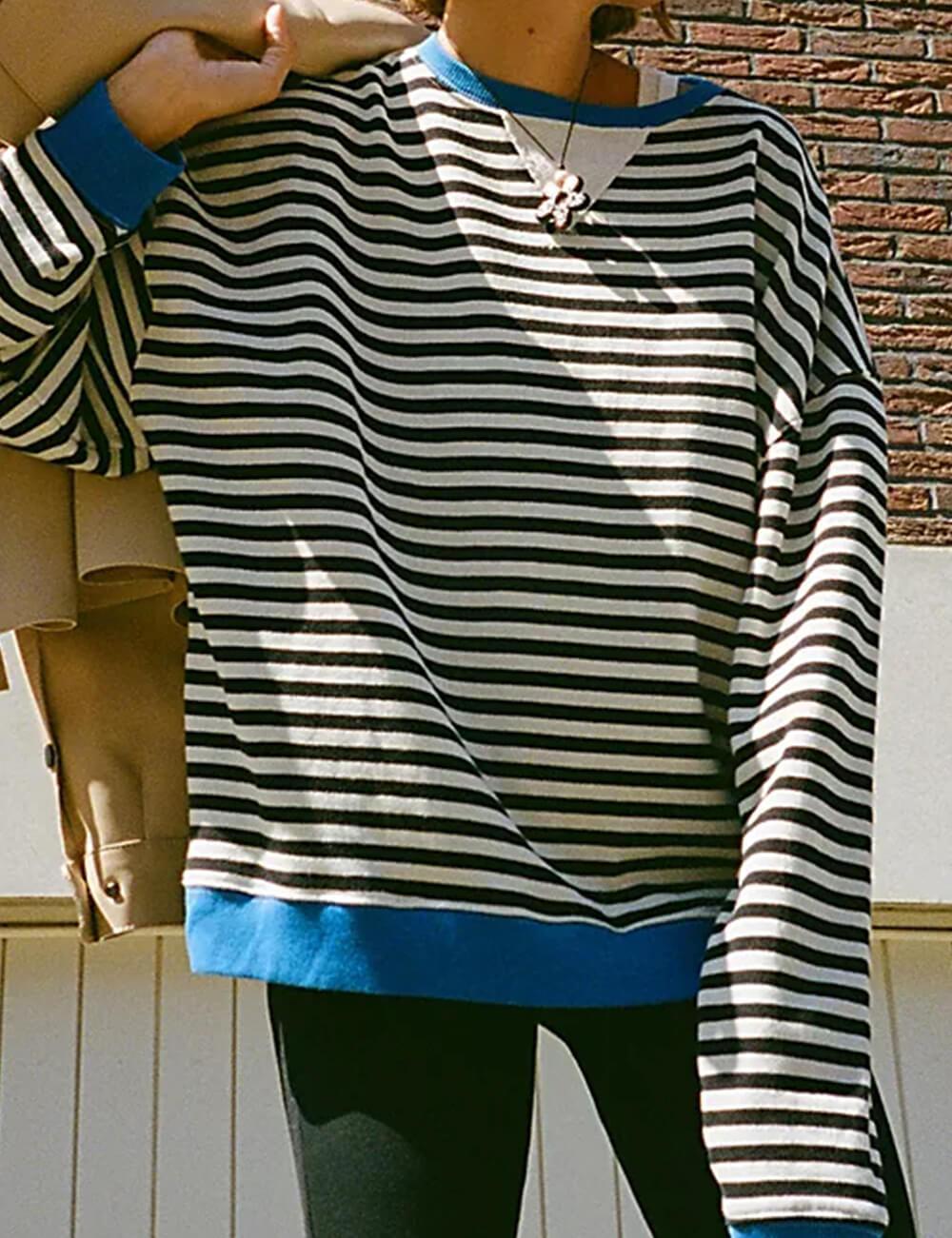 Ladies Striped Crewneck Long Sleeves Sweatshirt SKT536 - SWEETKAMA