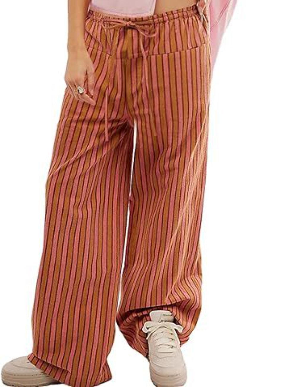 Ladies Striped Drawstring Wide Leg Pants yk366 - SWEETKAMA