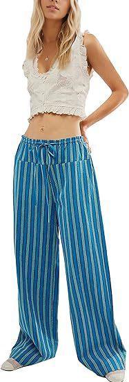 Ladies Striped Drawstring Wide Leg Pants yk366 - SWEETKAMA