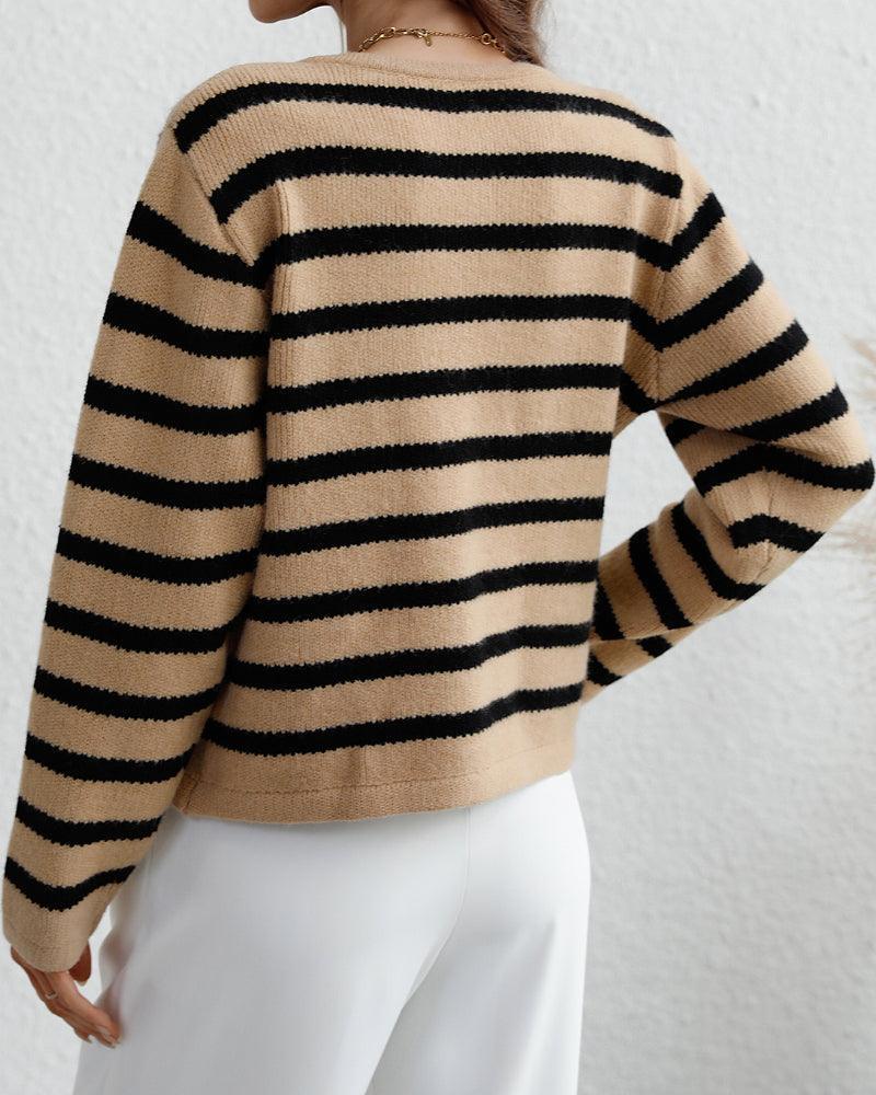 Ladies Striped Pattern Botton Knit Cardigan E2268 - SWEETKAMA