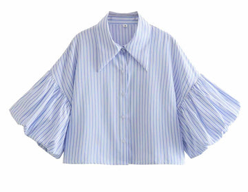 Ladies Striped Puff Sleeves Button Shirt LQ347 - SWEETKAMA