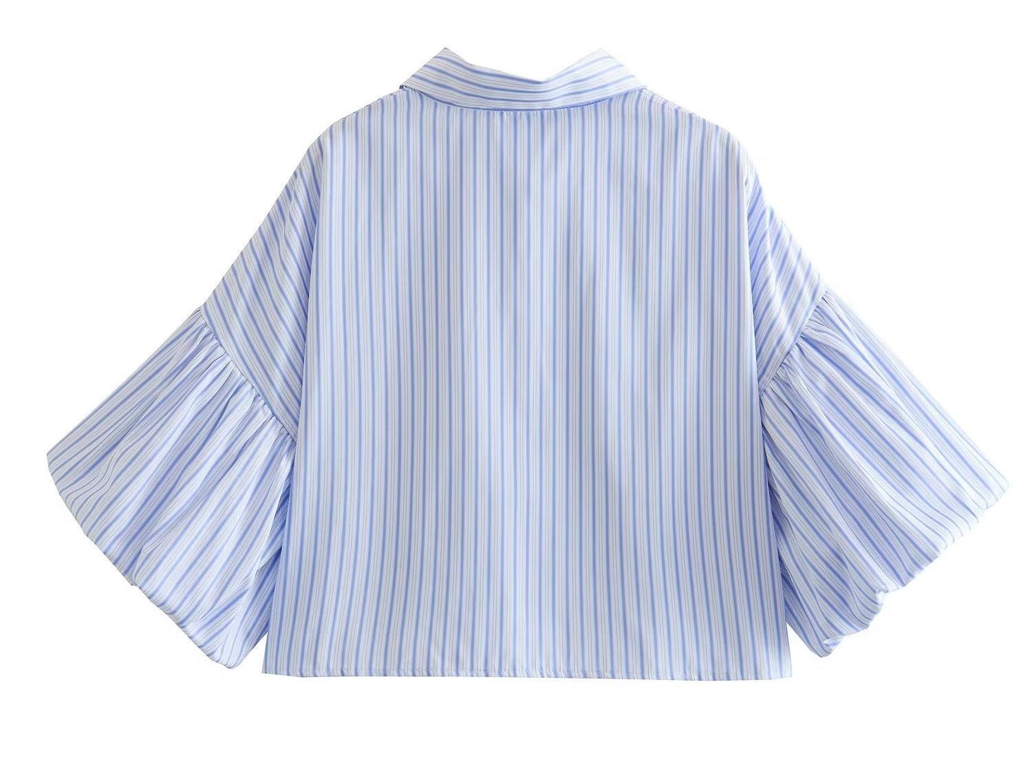 Ladies Striped Puff Sleeves Button Shirt LQ347 - SWEETKAMA