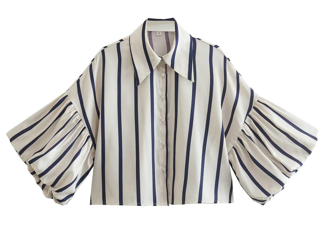 Ladies Striped Puff Sleeves Button Shirt SP068 - SWEETKAMA