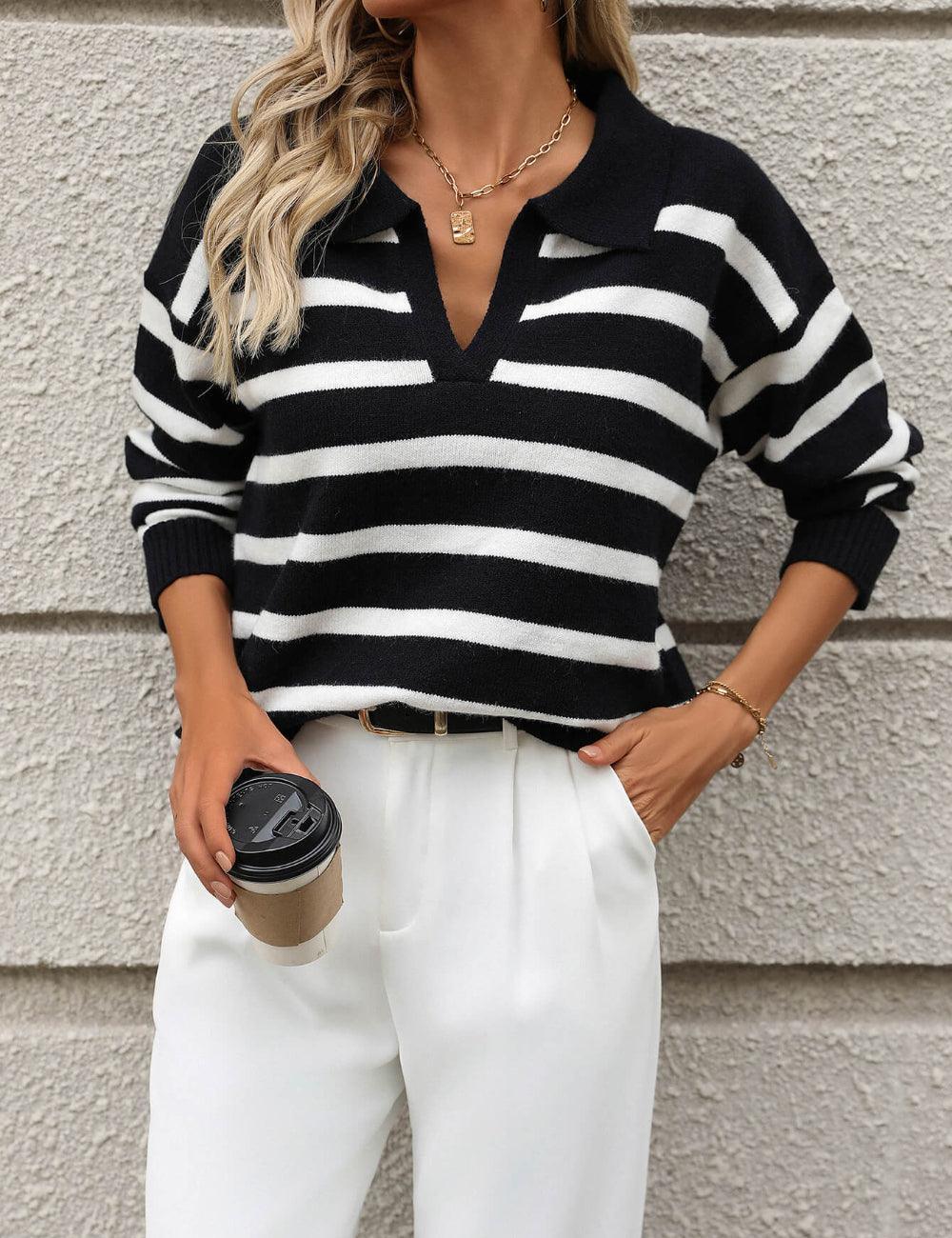 Ladies Striped Turndown Collar Knit Sweater E2374 - SWEETKAMA