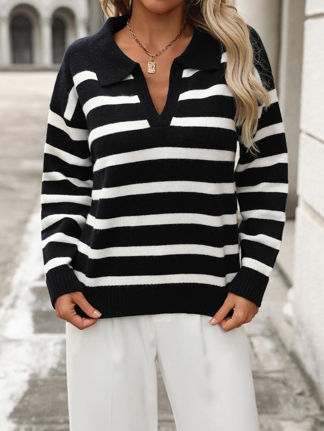 Ladies Striped Turndown Collar Knit Sweater E2374 - SWEETKAMA