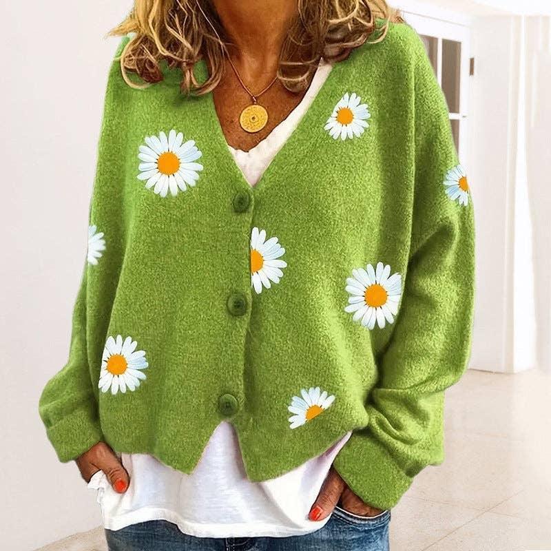 Ladies Sun Flower V-Neck Long Sleeves Sweater 2369 - SWEETKAMA