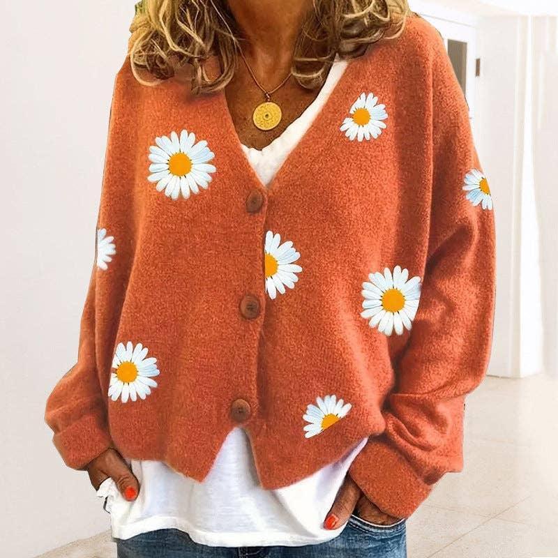 Ladies Sun Flower V-Neck Long Sleeves Sweater 2369 - SWEETKAMA