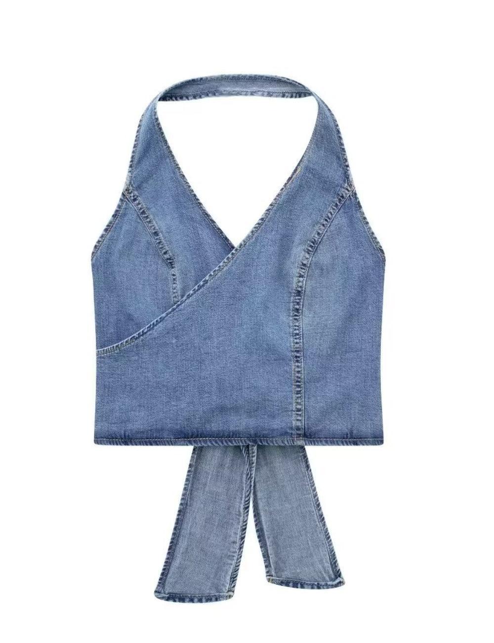 Ladies Tie Back Denim Halter Top H-8956 - SWEETKAMA