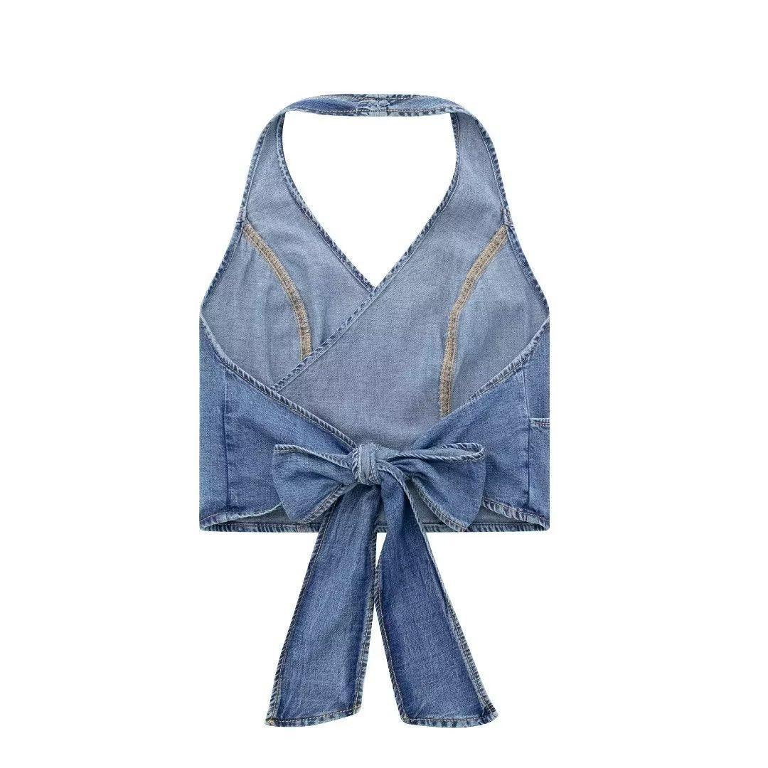 Ladies Tie Back Denim Halter Top H-8956 - SWEETKAMA