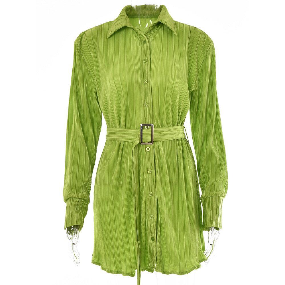 Ladies Turn-Down Collar Pleated Shirt Dress FD9437 - SWEETKAMA