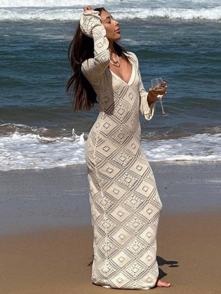 Ladies V-Neck Argyle Long Sleeves Knit Maxi Dress 5641 - SWEETKAMA