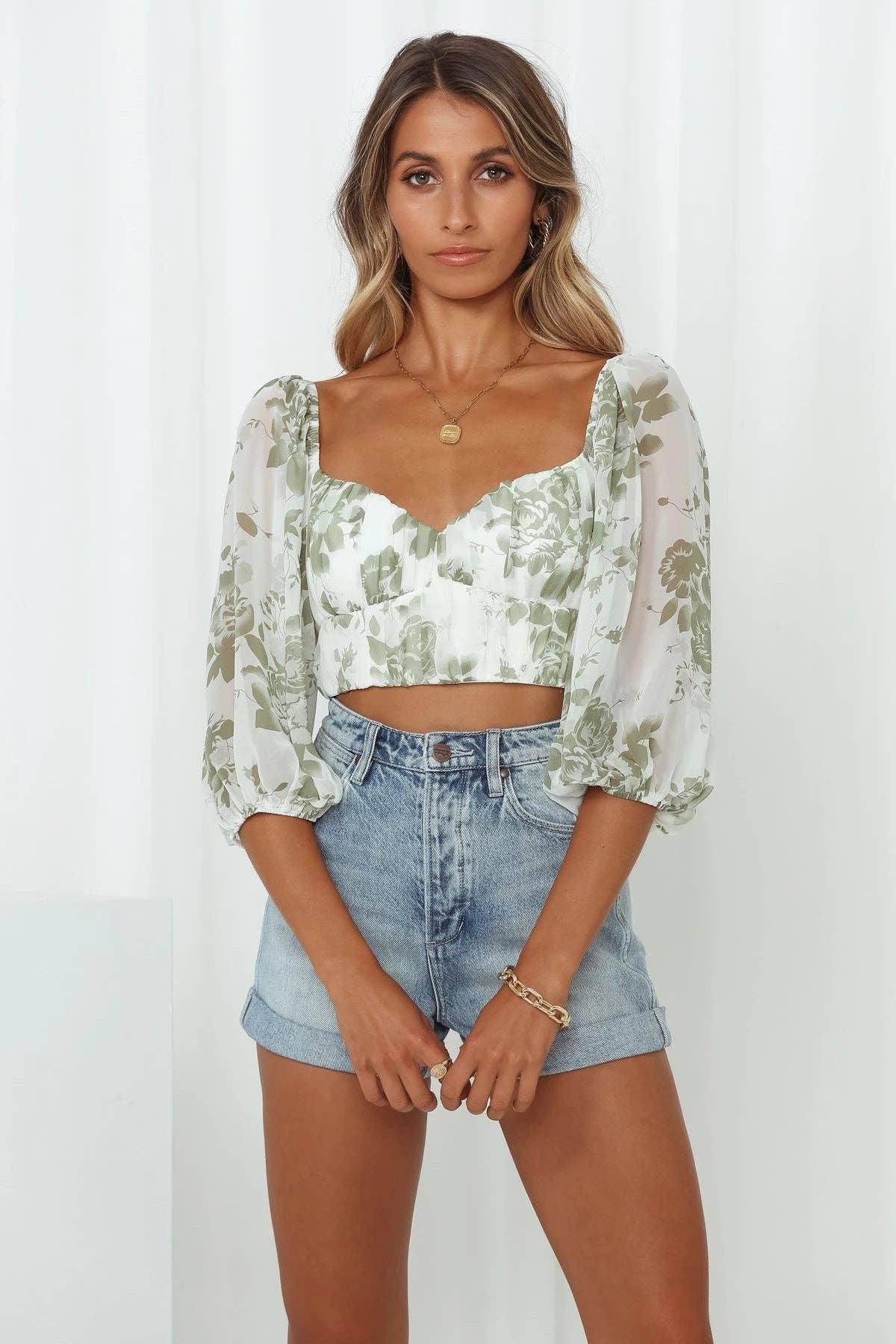 Ladies V-Neck Floral Print Daily Crop Top 1551 - SWEETKAMA