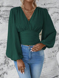 Ladies V Neck Lantern Sleeves Ruched Blouse AXR388 - SWEETKAMA