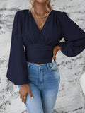 Ladies V Neck Lantern Sleeves Ruched Blouse AXR388 - SWEETKAMA