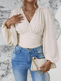 Ladies V Neck Lantern Sleeves Ruched Blouse AXR388 - SWEETKAMA