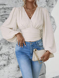 Ladies V Neck Lantern Sleeves Ruched Blouse AXR388 - SWEETKAMA