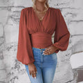 Ladies V Neck Lantern Sleeves Ruched Blouse AXR388 - SWEETKAMA