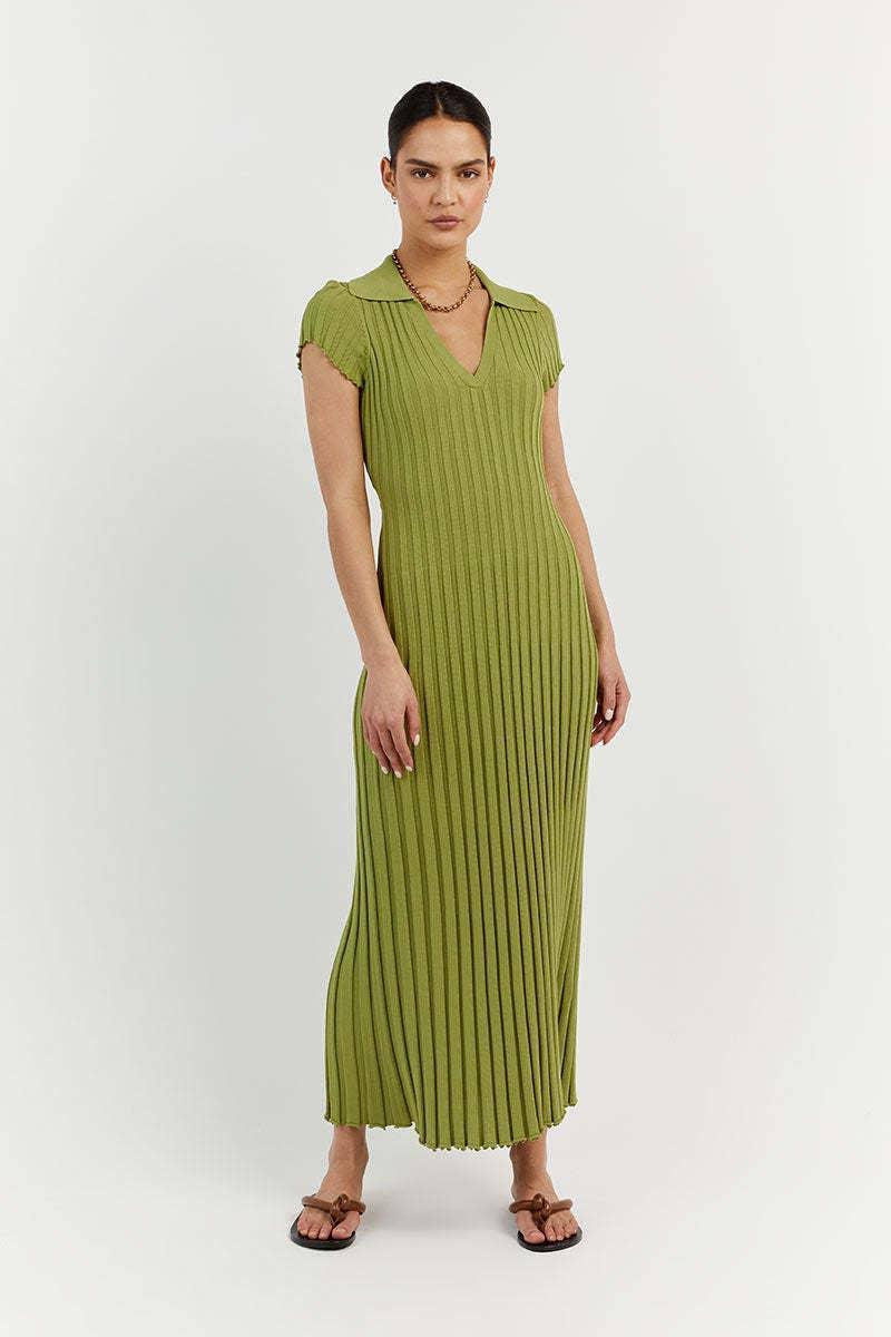 Ladies V-Neck Lapel Stripe Knit Midi Dress 1220 - SWEETKAMA