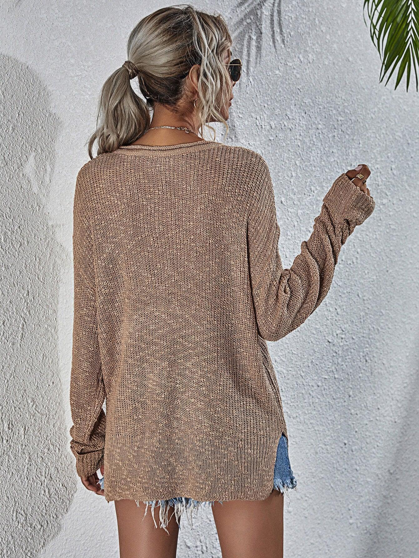 Ladies V Neck Long Sleeves Knit Sweater E2117 - SWEETKAMA