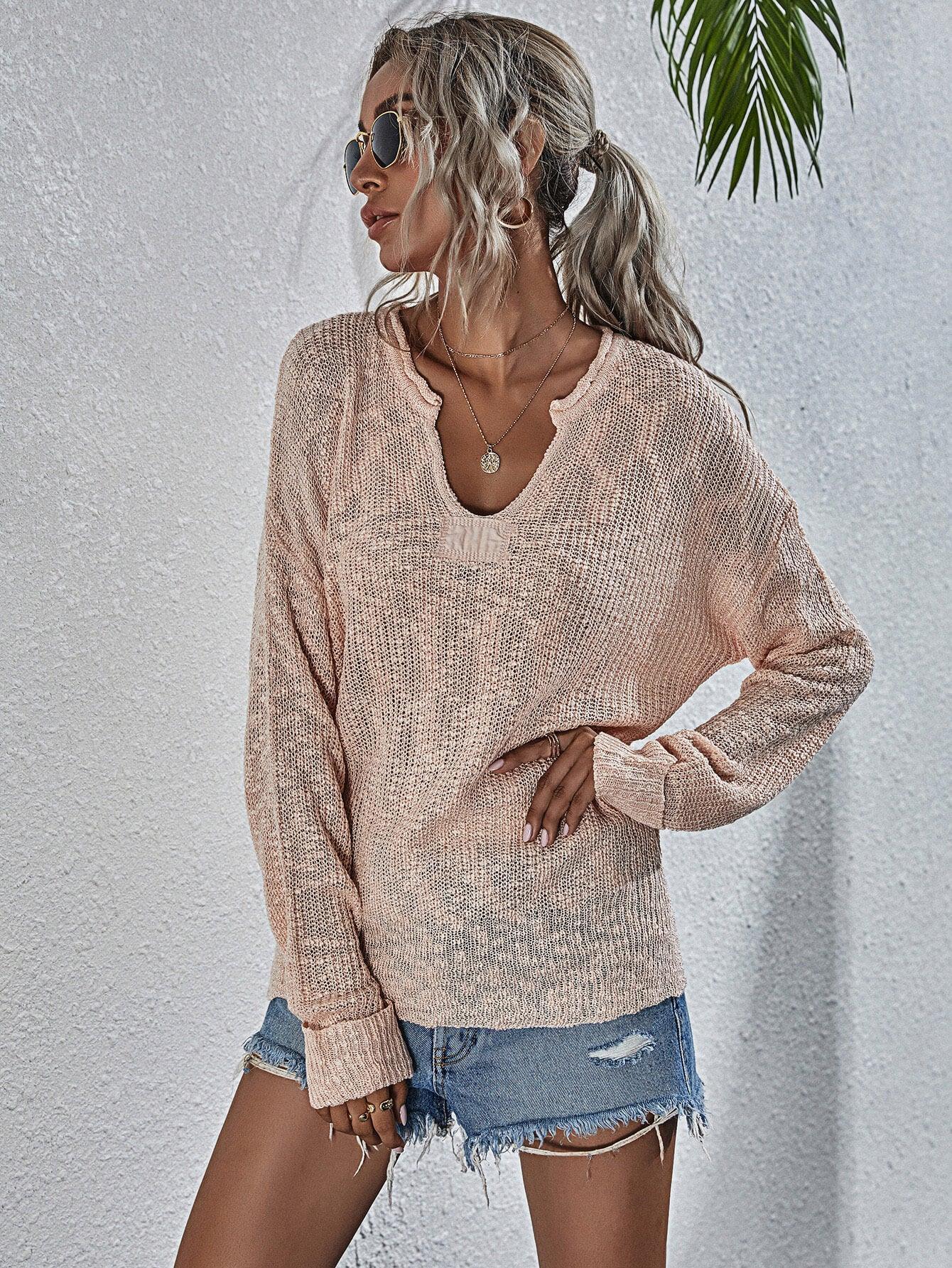 Ladies V Neck Long Sleeves Knit Sweater E2117 - SWEETKAMA