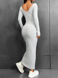 Ladies V Neck Ribbed Knit Maxi Dress 8828 - SWEETKAMA